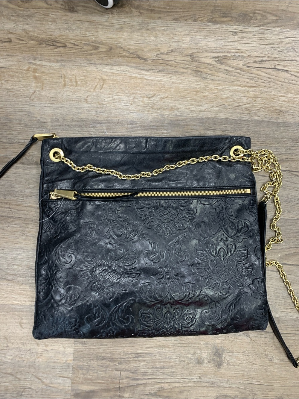 HOBO Black Embossed Leather Crossbody with Gold Chain Strap